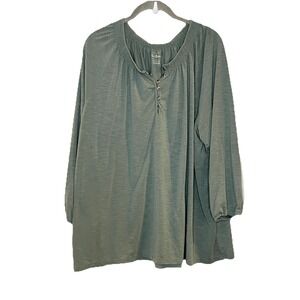 L.L. Bean Sage Green Tencel Blend Smocked Henley Tunic Top 2X Plus Long Sleeve